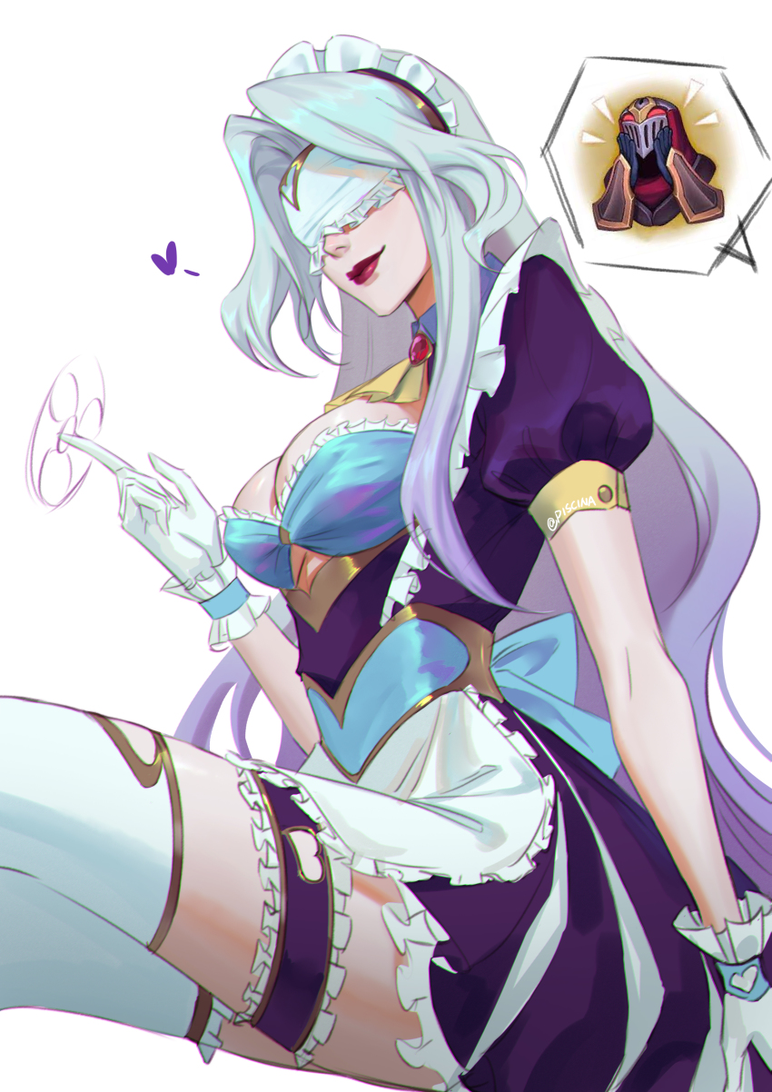 1boy 1girl absurdres breasts brooch cleavage feet_out_of_frame finger_twirl gloves glowing glowing_eyes gradient_hair highres jewelry league_of_legends lipstick makeup mask multicolored_hair piscina puffy_short_sleeves puffy_sleeves purple_hair short_sleeves syndra thigh_strap white_background white_gloves white_hair white_legwear yellow_neckwear zed_(league_of_legends)