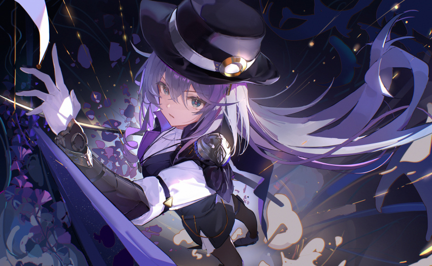 1girl black_boots black_hat black_pantyhose black_shorts black_vest blue_eyes boots dark_background detective_(silver_palace) fashi_laizi_weilai fedora female_detective_(silver_palace) floating_hair flower foot_out_of_frame from_above gloves hand_up hat highres long_hair looking_at_viewer pantyhose parted_lips purple_flower purple_hair red_pupils shirt shorts silver_palace solo v-shaped_eyebrows very_long_hair vest white_gloves white_shirt