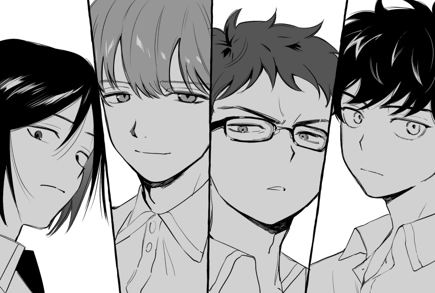 4boys :| bowl_cut closed_mouth collared_shirt column_lineup commentary_request dress_shirt expressionless frown futsuu_no_keion-bu glaring glasses greyscale harami_(tanakara_2) highres light_smile looking_at_viewer looking_down male_focus mizuo_haruichi monochrome multiple_boys parted_lips portrait protocol._(futsuu_no_keion-bu) school_uniform shirt short_hair simple_background spiked_hair taguchi_ryuuya takami_kouki tohno_gen v-shaped_eyebrows white_background