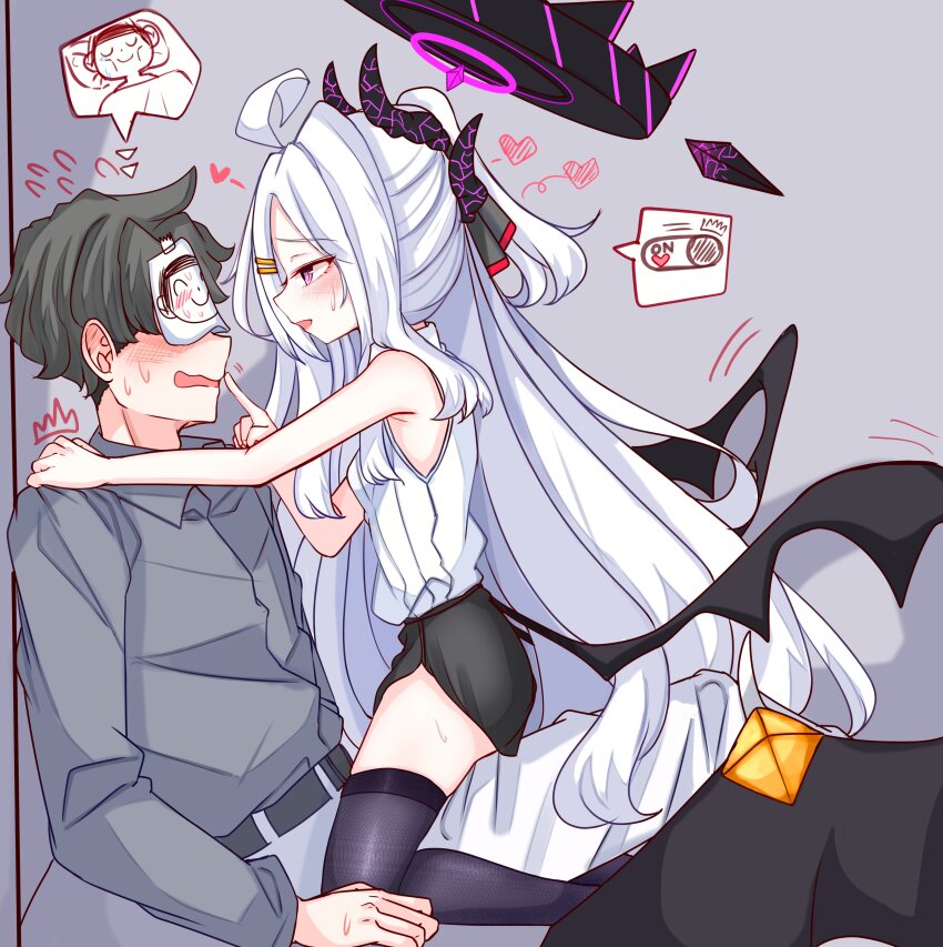1boy 1girl absurdres ahoge assertive_female belt black_belt black_hair black_halo black_ribbon black_skirt black_thighhighs black_wings blue_archive blush demon_girl demon_horns demon_wings finger_to_mouth flying_sweatdrops girl_on_top grey_background grey_shirt hair_ornament hair_over_shoulder hair_ribbon hairclip halo hand_on_another&#039;s_shoulder hand_up hetero highres hina_(blue_archive) horns imagining loli long_hair long_sleeves looking_at_another low_wings motion_lines multiple_horns open_mouth parted_bangs peroronti purple_eyes ribbon sensei_(blue_archive) shirt shirt_tucked_in shushing simple_background skirt sleeveless sleeveless_shirt sweat sweatdrop thighhighs thighs very_long_hair white_hair white_shirt wigg wings zettai_ryouiki