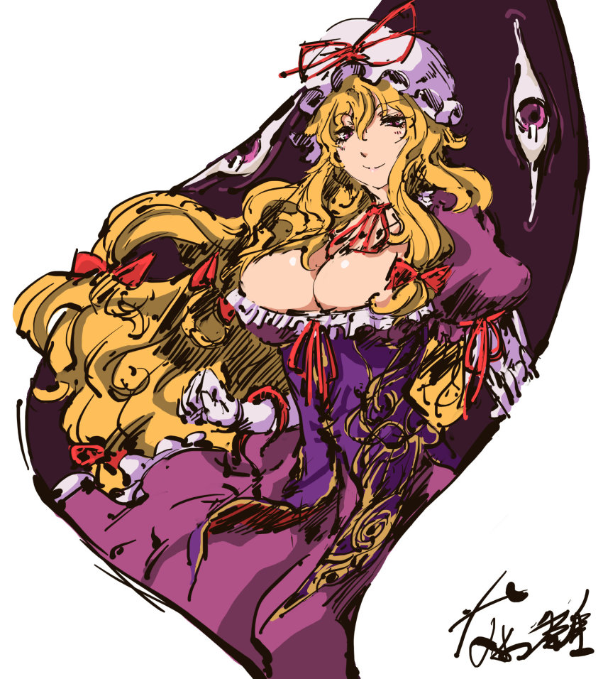 1girl blonde_hair breasts cleavage closed_mouth dress elbow_gloves female_focus gap_(touhou) gloves hat hat_ribbon highres large_breasts long_hair looking_at_viewer nameo_(judgemasterkou) neck_ribbon puffy_short_sleeves puffy_sleeves purple_dress red_ribbon ribbon short_sleeves signature smile solo standing touhou very_long_hair white_gloves yakumo_yukari