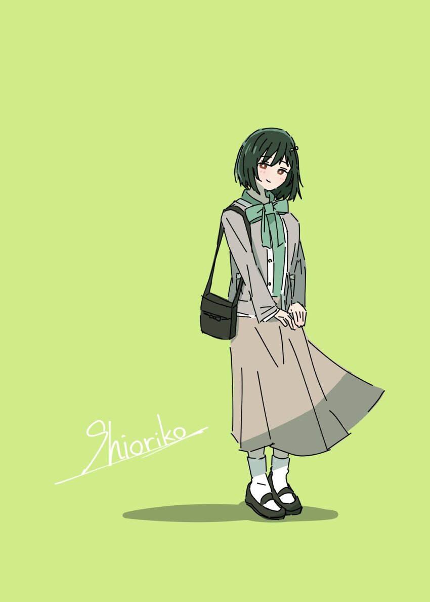 1girl black_shoes bow brown_eyes brown_skirt casual character_name closed_mouth commentary_request full_body green_background green_scarf green_sweater grey_jacket highres jacket long_skirt long_sleeves love_live! love_live!_nijigasaki_high_school_idol_club love_live!_nijigasaki_high_school_idol_club_the_movie_-_finale mary_janes mifune_shioriko official_alternate_costume open_clothes open_jacket scarf scarf_bow shoes simple_background skirt smile socks solo standing sweater turtleneck turtleneck_sweater white_socks yozora1kawaii