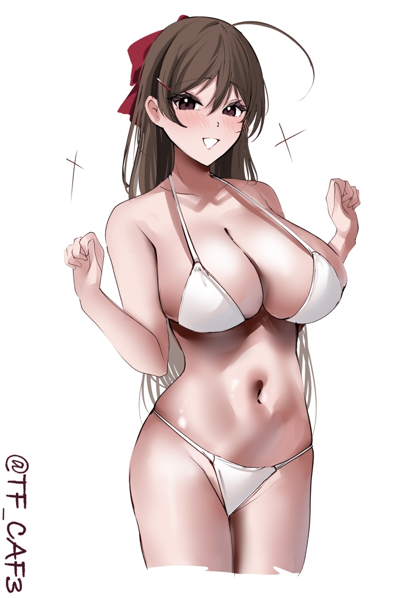 1girl absurdres ahoge alternate_costume bikini blush breasts brown_eyes brown_hair cleavage cowboy_shot hair_between_eyes hair_ornament hair_ribbon hairclip highres kantai_collection large_breasts long_hair looking_at_viewer mamiya_(kancolle) navel one-hour_drawing_challenge open_mouth ribbon simple_background smile solo sparkle swimsuit tf_cafe twitter_username white_background white_bikini