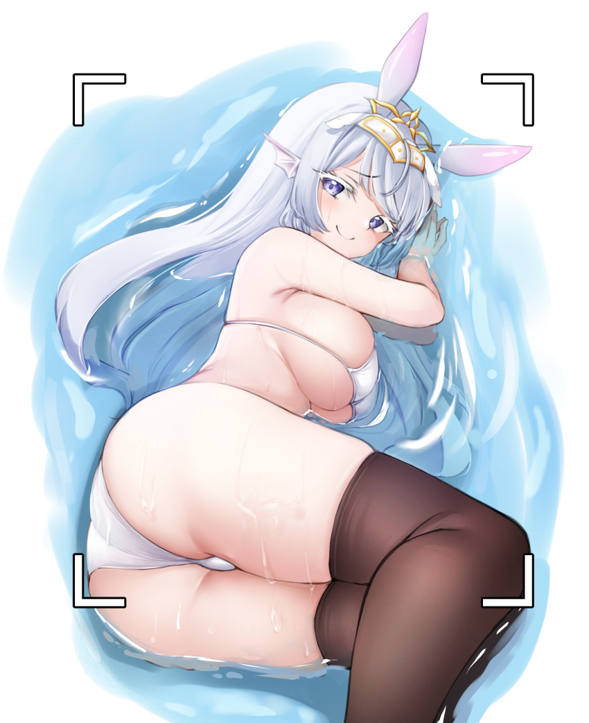 1girl animal_ears ass bare_arms bare_shoulders benedia bikini breasts brown_thighhighs closed_mouth feet_out_of_frame fins hands_up head_fins headdress highres large_breasts long_hair looking_at_viewer lying on_side purple_eyes rabbit_ears sideboob skindentation smile solo string_bikini swimsuit thighhighs thighs vanguard_(warship_girls_r) viewfinder warship_girls_r water wet white_bikini white_hair