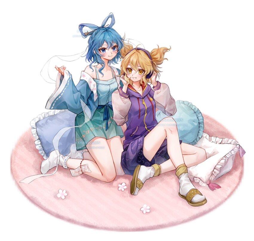 2girls 80isiiii alternate_costume aqua_skirt bare_shoulders beads belt blonde_hair blue_belt blue_eyes blue_ribbon blue_robe blue_tank_top breasts capelet carpet clothes_down collarbone commentary commission floral_print flower frills full_body gold_sandals hair_between_eyes hair_ornament hair_rings hair_stick hands_up headphones highres hood hooded_capelet jacket kaku_seiga letterman_jacket long_sleeves looking_at_another medium_breasts multicolored_jacket multiple_girls no_shoes ofuda open_clothes open_robe pillow pocket pointy_hair puffy_long_sleeves puffy_sleeves purple_jacket purple_shorts ribbon robe sandals short_hair shorts simple_background sitting skirt smile socks sun_print symbol-only_commentary tank_top teeth touhou toyosatomimi_no_miko two-tone_jacket watermark white_background white_flower white_jacket white_socks wide_sleeves yellow_eyes zipper