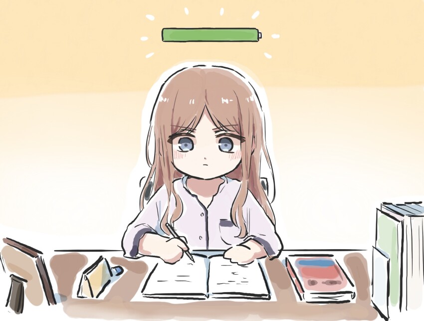 1girl bang_dream! bang_dream!_it&#039;s_mygo!!!!! battery_indicator bite_mark bite_mark_on_neck blue_eyes blush brown_hair closed_mouth commentary highres holding holding_pencil implied_yuri long_hair lyy nagasaki_soyo pencil sidelocks sitting solo symbol-only_commentary when_you_see_it