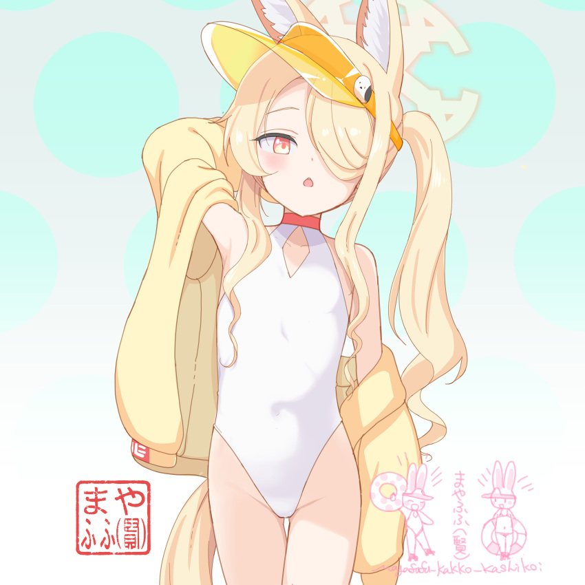 1girl absurdres animal_ear_fluff animal_ears arm_behind_head arm_up armpits bare_shoulders blonde_hair blue_archive blush breasts casual_one-piece_swimsuit choker clothing_cutout collarbone commentary_request covered_navel cowboy_shot cross_halo diamond_cutout dot_nose extra_ears flat_chest fox_ears fox_girl fox_tail gluteal_fold gradient_background grey_background groin hair_over_one_eye halo highleg highleg_one-piece_swimsuit highres jacket loli long_hair long_sidelocks long_sleeves looking_at_viewer mayafufu no_eyewear off_shoulder official_alternate_costume official_alternate_hairstyle one-piece_swimsuit one_eye_covered open_clothes open_jacket open_mouth parted_lips red_choker red_eyes seia_(blue_archive) seia_(swimsuit)_(blue_archive) side_ponytail sidelocks simple_background small_breasts solo standing sunglasses swimsuit tail teeth thigh_gap thighs triangle_mouth twintails upper_teeth_only very_long_hair very_long_sidelocks visor_cap white_background white_one-piece_swimsuit yellow_halo yellow_jacket yellow_visor