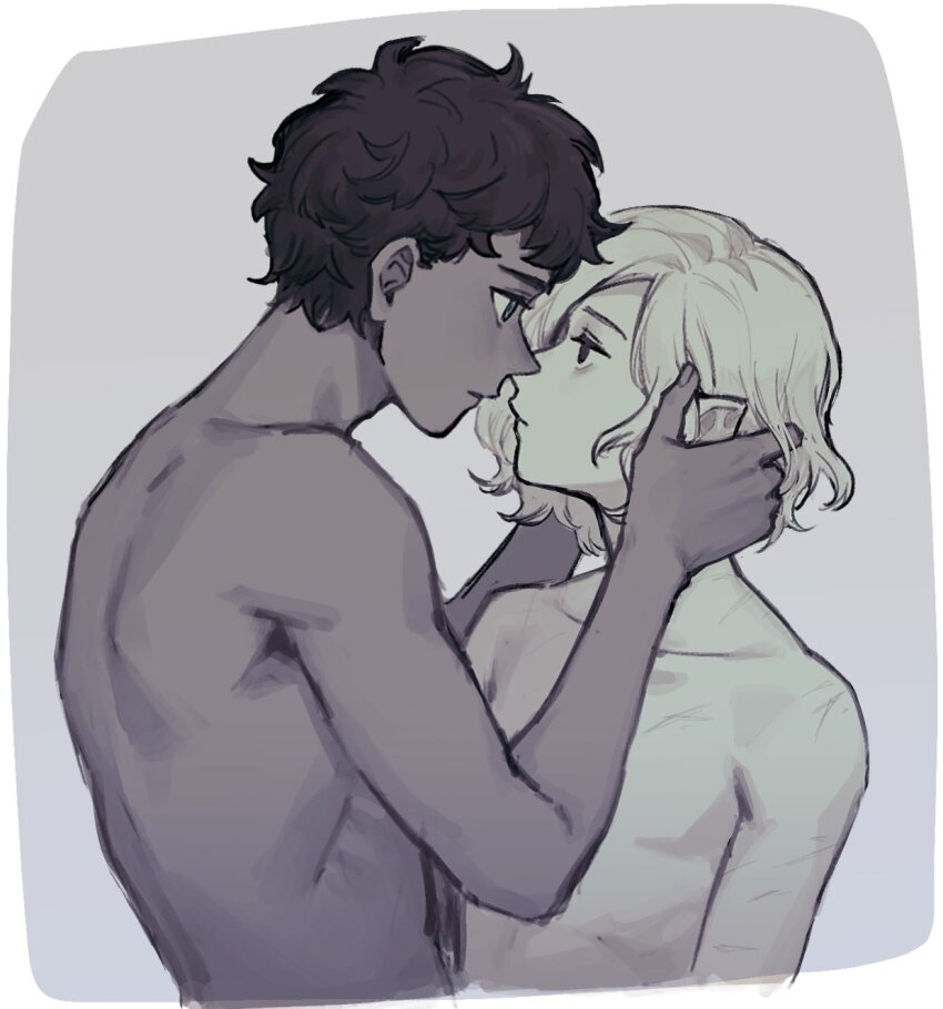 2boys bags_under_eyes black_eyes black_hair blue_eyes border curly_hair dark-skinned_male dark_skin dungeon_meshi elf face-to-face grey_background grey_hair hands_on_another&#039;s_face highres kabru male_focus mithrun multiple_boys multiple_scars muted_color norinorirandom notched_ear pointy_ears profile scar short_hair simple_background topless_male white_border yaoi