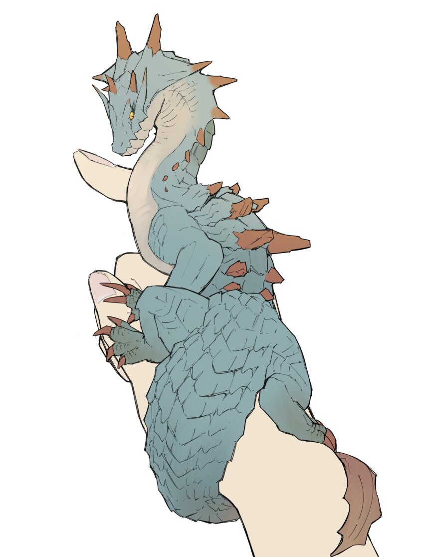 animal_focus creature_on_hand from_above full_body highres horns lagiacrus minimized monster monster_hunter_(series) pov pov_hands simple_background slit_pupils tail tail_wrap taneimo_drop white_background yellow_eyes