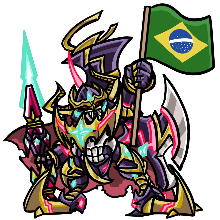 armor brazil brazilian_flag cape dark_knight darkknightmon darkknightmon_x-antibody digimon flag highres lance polearm skull spikes weapon