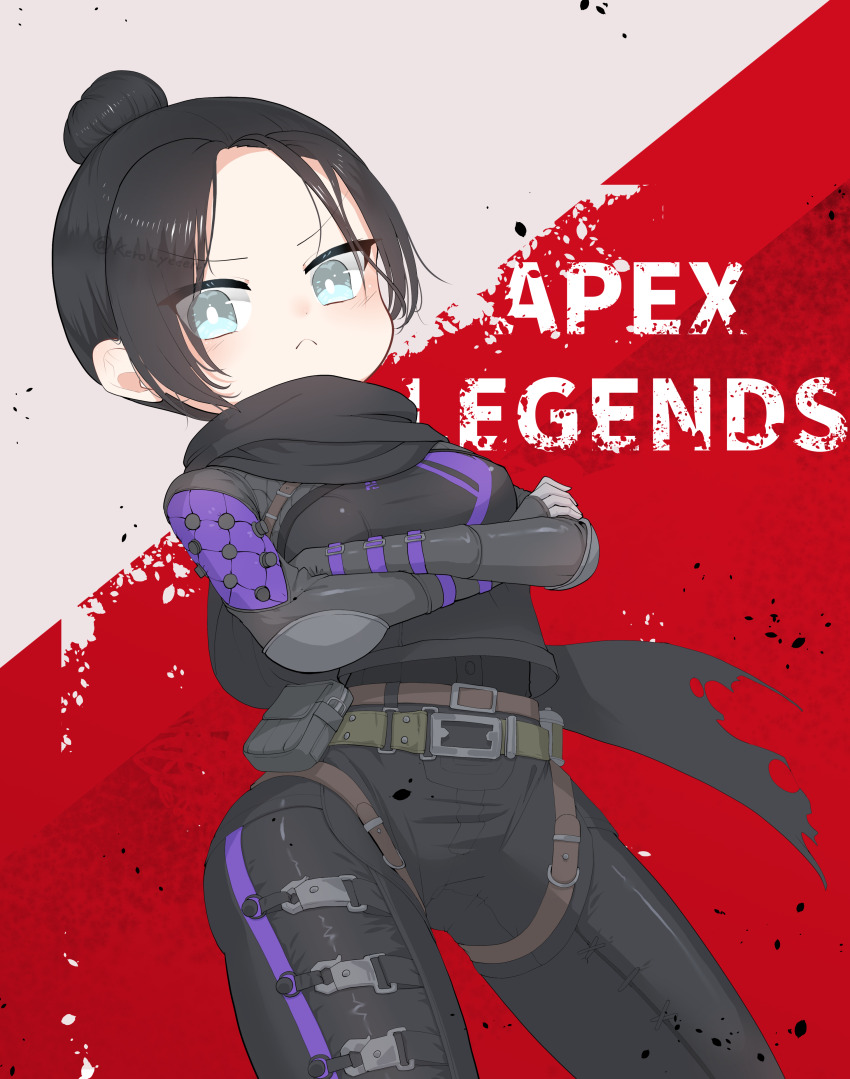 1girl :&lt; absurdres apex_legends belt black_bodysuit black_gloves black_hair black_scarf blue_eyes bodysuit breasts bright_pupils brown_belt copyright_name crossed_arms frown gloves green_belt hair_behind_ear hair_bun highres looking_down pouch scarf single_hair_bun small_breasts solo v-shaped_eyebrows white_pupils wraith_(apex_legends) zonne=quael