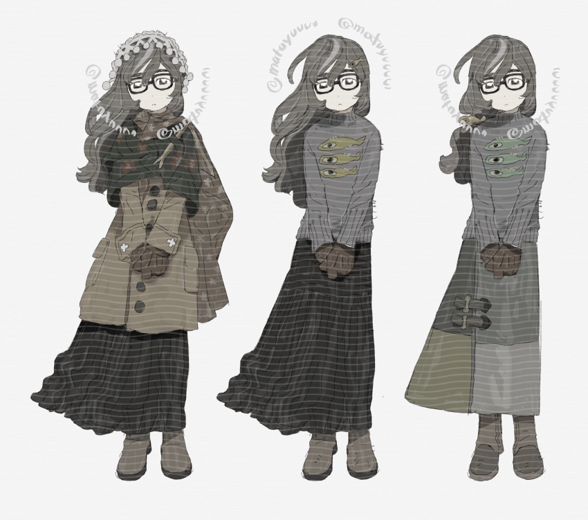 1girl absurdres animal_print black_skirt boots brown_gloves casual clothes_focus fashion fish_print full_body glasses gloves grey_hair grey_sweater highres long_hair long_skirt looking_at_viewer ma_fu multiple_views original skirt sweater white_background