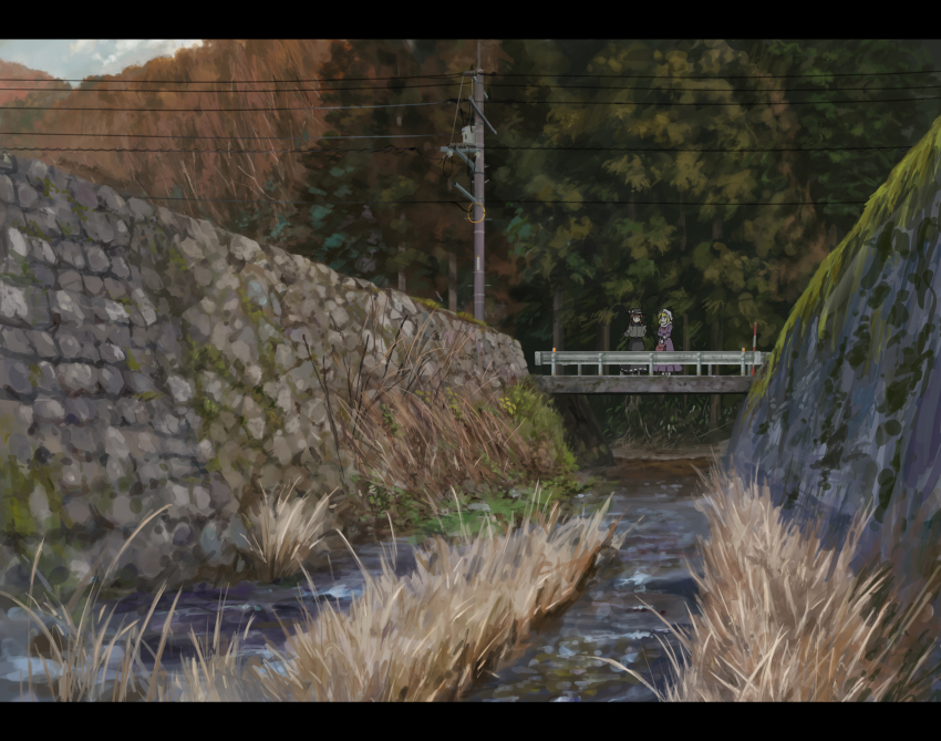 2girls absurdres autumn bad_id bad_pixiv_id bag blonde_hair bridge brown_hair cloud dress grass handbag hat highres hill letterboxed map maribel_hearn multiple_girls nature power_lines road sasaj scarf scenery sky stream touhou tree usami_renko utility_pole water