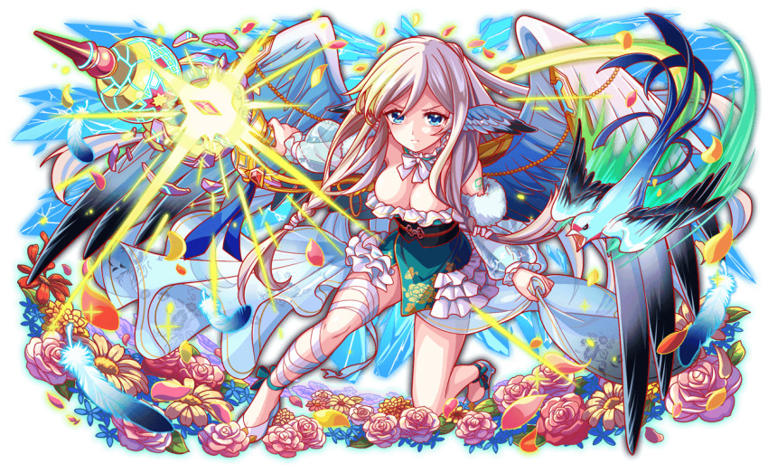 angry ankle_ribbon aqua_bird aqua_eyes aqua_skirt aqua_sleeves aqua_wings artist_request beads bird black_wings blue_flower blue_ribbon blue_tail bow bowtie braid breaking breasts cleavage closed_mouth collar crash_fever detached_sleeves dress ear_wings field floral_print_skirt flower flower_field frilled_collar frilled_dress frills full_body fur-trimmed_sleeves fur_trim game_cg gradient_feathers gradient_wings green_dress high_heels holding holding_staff horizontal-striped_skirt hui-yeon_(crash_fever) kneeling large_breasts leaf leg_ribbon leg_wrap light_frown long_braid long_hair looking_at_viewer low-tied_long_hair multicolored_feathers multicolored_wings obi obidome obijime official_art open_mouth outline pink_flower pink_petals pink_rose red_flower red_outline red_petals ribbon rose sash saturated see-through_clothes see-through_skirt see-through_sleeves serious short_dress single_bare_leg single_horizontal_stripe skirt skirt_hold solid_circle_eyes solo_focus square square_print staff strapless tachi-e transparent_background twin_braids two-tone_feathers two-tone_wings v-shaped_eyebrows very_long_hair white_bow white_bowtie white_collar white_footwear white_hair white_wings wings yellow_flower