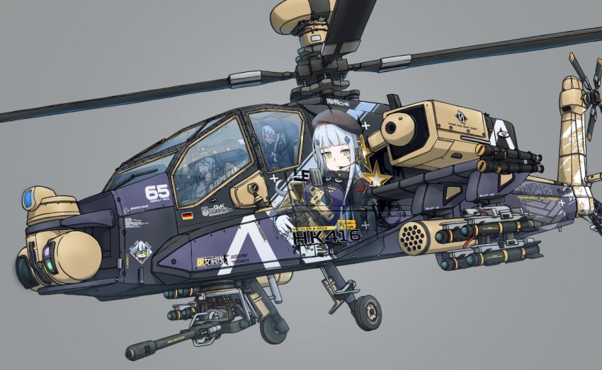 2girls acog agm-114_hellfire ah-64_apache air-to-surface_missile aircraft angry anti-tank_guided_missile anti-tank_missile assault_rifle attack_helicopter autocannon beret cannon chain_gun character_name earpiece english_text g11_(girls&#039;_frontline) german_flag girls&#039;_frontline griffin_&amp;_kryuger_logo grifon_&amp;_kryuger gun gunship h&amp;k_hk416 hat heckler_&amp;_koch helicopter helicopter_gunship hk416_(girls&#039;_frontline) lau-61_g/a m230_chain_gun m261 m299 machine_gun military_vehicle missile missile_launcher missile_pod missile_rack multiple_girls precision-guided_munition rifle rocket_launcher rocket_pod shaded_face sleeping surface-to-surface_missile weapon xandier59