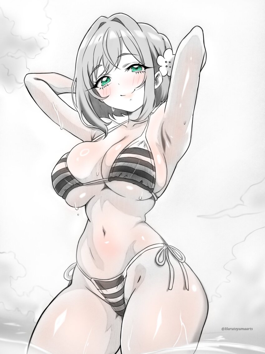 1girl armpits arms_behind_head artist_name bikini breasts cleavage closed_mouth commentary_request cowboy_shot female_focus flower green_eyes grey_hair hair_flower hair_ornament hanazono_hakari harutoyumaarts highres kimi_no_koto_ga_dai_dai_dai_dai_daisuki_na_100-nin_no_kanojo large_breasts long_hair navel partially_colored short_hair side-tie_bikini_bottom smile solo standing stomach string_bikini striped_bikini striped_clothes swimsuit twitter_username underboob wet