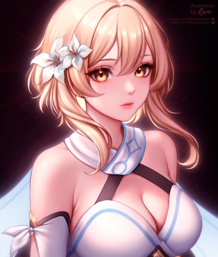 1girl absurdres bare_shoulders blonde_hair breasts cleavage commentary depressrami english_commentary flower genshin_impact hair_between_eyes hair_flower hair_ornament highres lips looking_at_viewer lumine_(genshin_impact) medium_breasts patreon_username short_hair_with_long_locks sleeveless solo twitter_username upper_body white_flower yellow_eyes