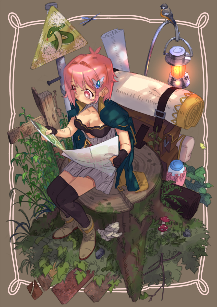 1girl backpack bag bird black_gloves black_thighhighs boots bottle breasts cleavage dress gloves green_jacket grey_dress hair_ornament highres holding holding_map jacket lamp map map_(object) mush okuribi original pink_eyes pink_hair plant road_sign sign sitting thighhighs tree_stump virtual_youtuber