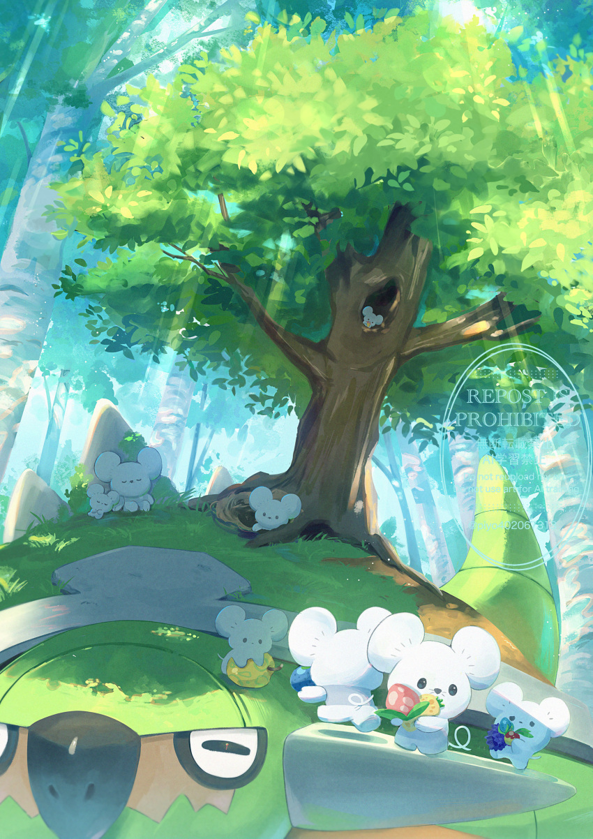 absurdres berry_(pokemon) closed_eyes commentary_request dappled_sunlight day gen_4_pokemon grass highres holding in_tree light_rays maushold maushold_(family_of_four) nintendo no_humans outdoors piyokonoenikki_04 pokemon pokemon_(creature) riding riding_pokemon sunlight torterra tree watermark