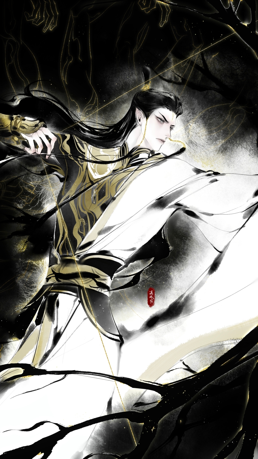 1boy absurdres baku-jo_yado black_bodysuit black_hair black_sash bodysuit bow_(weapon) branch chinese_clothes chinese_commentary closed_mouth cowboy_shot drawing_bow facial_mark forehead_mark grey_eyes hanfu highres holding holding_bow_(weapon) holding_weapon limited_palette long_hair long_sleeves looking_ahead lutong_(nezha_zhi_motong_jiangshi) male_focus nezha_zhi_motong_jiangshi sash serious sidelocks solo standing topknot weapon white_hanfu wuxia xiao_guan_(headdress)