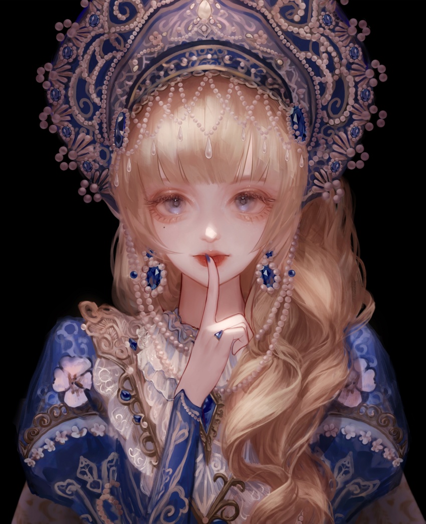 1girl absurdres black_background blue_crown blue_dress blue_eyes blue_nails brown_hair chinese_commentary circlet collared_dress commentary_request crown dress earrings expressionless eyelashes eyeshadow finger_to_mouth floral_print frilled_dress frills hair_over_shoulder highres jewelry jiaopiupiu juliet_sleeves lipstick lolory_(shining_nikki) long_hair long_sleeves makeup nail_polish nikki_(series) pink_eyeshadow puffy_sleeves red_lips ring shining_nikki simple_background solo straight-on upper_body wavy_hair