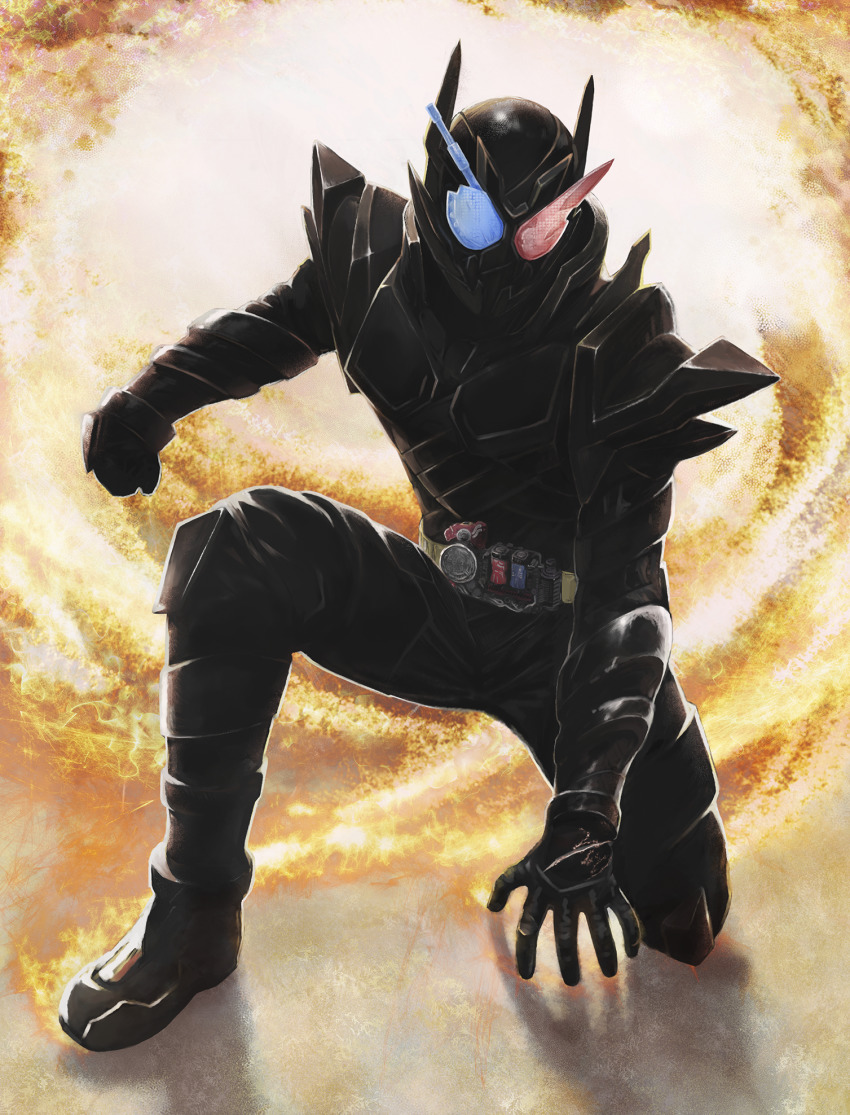 1boy armor black_armor blue_eyes build_driver compound_eyes rider_belt explosion feet_out_of_frame hazard_stripes hazard_trigger heterochromia highres kamen_rider kamen_rider_build kamen_rider_build_(series) landing looking_at_viewer male_focus on_one_knee rabbit+tank_form_(black_hazard) rabbit_fullbottle red_eyes science_fiction shoulder_armor solo tank_fullbottle toy_(toylord)