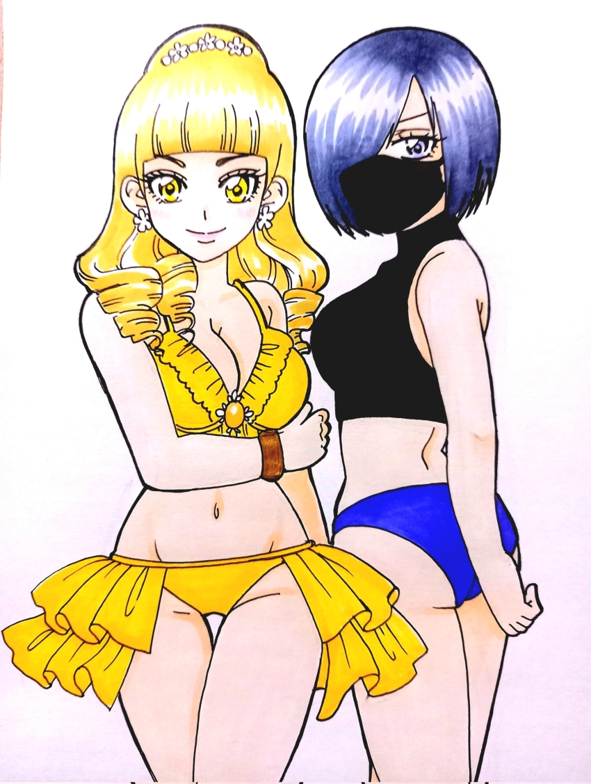 2girls bikini black_hair blonde_hair breasts cleavage highres kanisuka_rita kwai_chi mask medium_breasts mouth_mask multiple_girls ohsama_sentai_king-ohger purple_eyes ran_himeno super_sentai swimsuit yellow_eyes
