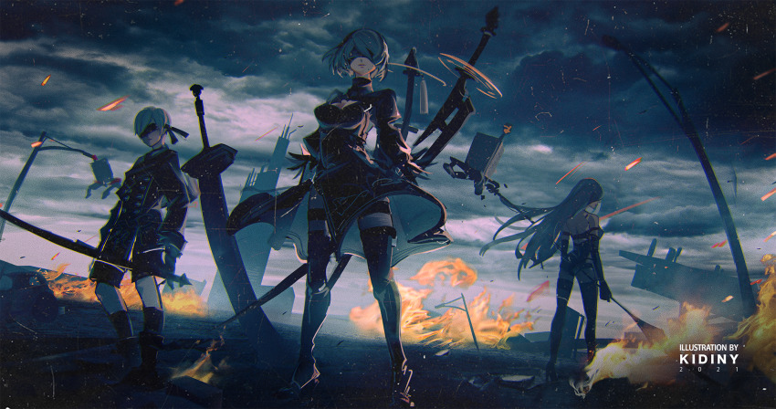 1boy 2b_(nier:automata) 2girls 9s_(nier:automata) a2_(nier:automata) android artist_name ashes ass bare_shoulders black_blindfold black_boots black_dress black_gloves black_hairband black_thighhighs blindfold boots breasts building choker cleavage clothing_cutout cloud cloudy_sky covered_eyes dated dress drone dutch_angle elbow_gloves english_text expressionless facing_away feather-trimmed_sleeves feather_trim fire floating from_below full_body gloves hairband high_heel_boots high_heels highres holding holding_polearm holding_sword holding_weapon joints juliet_sleeves jyunac kneehighs lamppost long_hair long_sleeves looking_back medium_breasts mole mole_under_mouth multiple_girls nier:automata nier_(series) pod_(nier:automata) polearm profile puffy_sleeves robot_joints ruins scenery short_hair shorts sky socks standing sword thigh_boots thighhighs thighhighs_under_boots virtuous_contract weapon white_hair