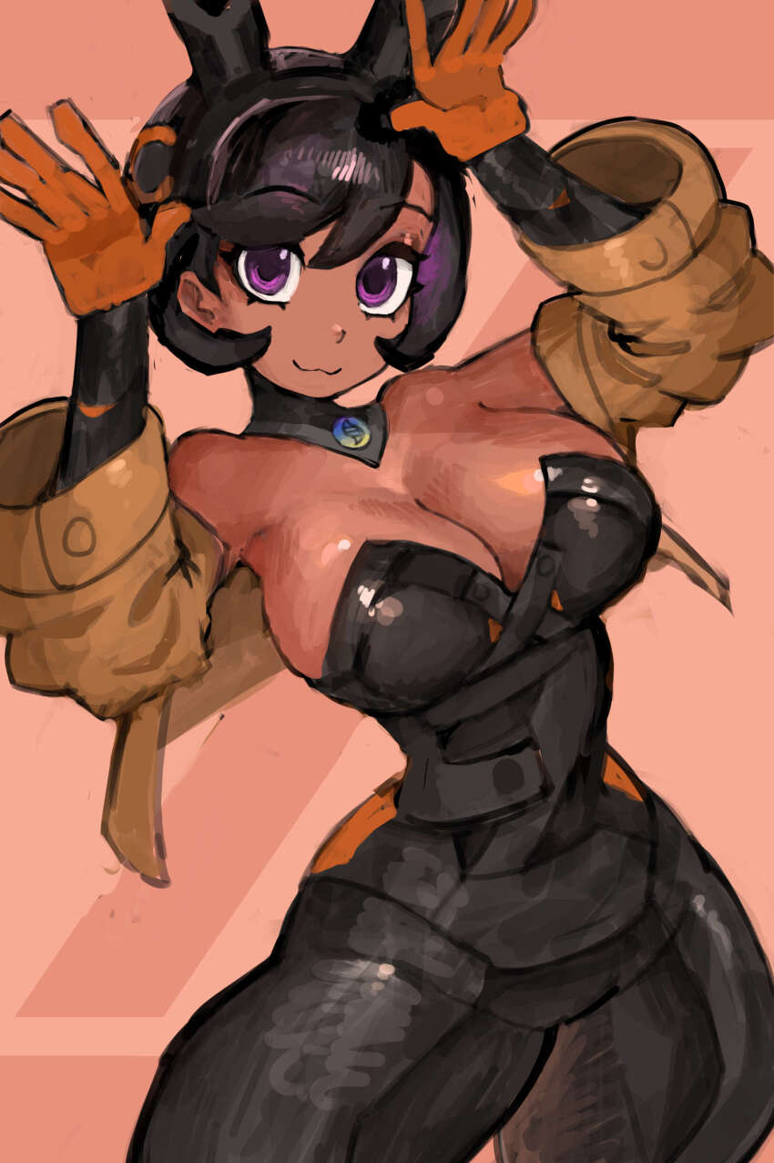 1girl adapted_costume breasts cleavage dark-skinned_female dark_skin emma_(pokemon) highres large_breasts pokemon pokemon_legends:_z-a saiykik solo