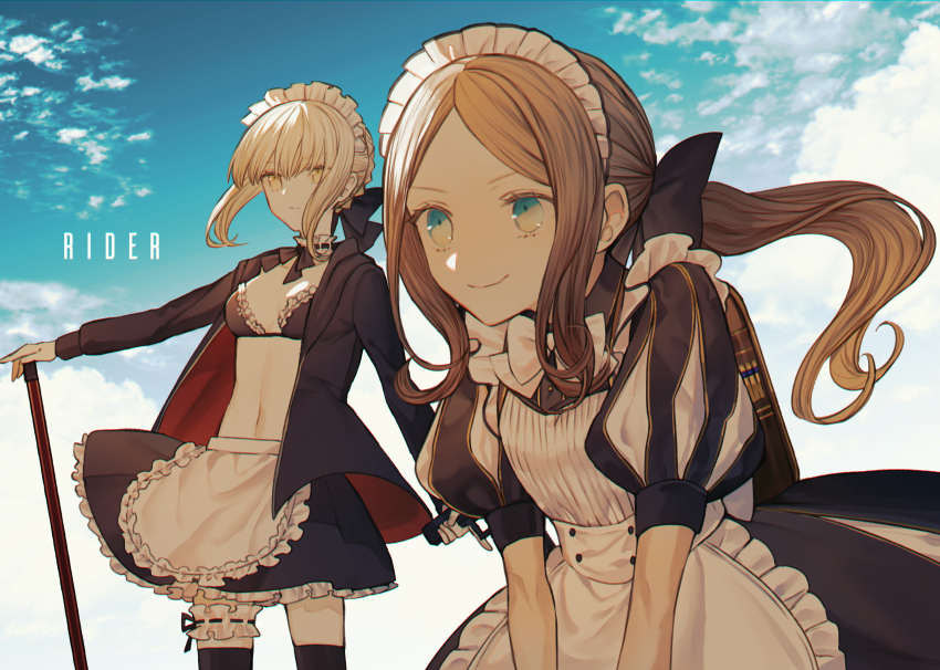 2girls absurdres albino_(a1b1n0623) apron artoria_pendragon_alter_(swimsuit_rider)_(fate) artoria_pendragon_(fate) bad_id bad_pixiv_id bikini black_bikini black_bow black_thighhighs blonde_hair blue_eyes bow braid breasts brown_hair cleavage cloud dress fate/grand_order fate_(series) forehead frills hair_bow highres jacket leaning_forward leonardo_da_vinci_(fate) leonardo_da_vinci_(fate/grand_order) leonardo_da_vinci_(rider)_(fate) leonardo_da_vinci_(rider)_(second_ascension)_(fate) long_hair looking_at_viewer maid maid_bikini maid_headdress medium_breasts multiple_girls navel outdoors parted_bangs puff_and_slash_sleeves puffy_short_sleeves puffy_sleeves short_sleeves smile standing swimsuit thighhighs unconventional_maid white_apron yellow_eyes