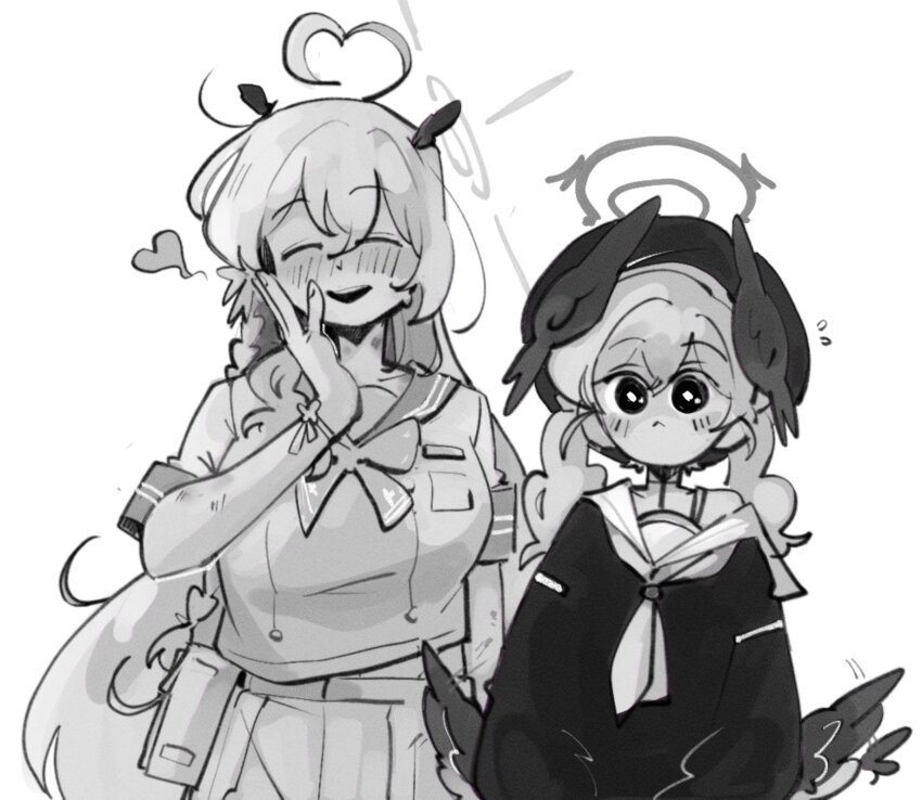 2girls ahoge blue_archive closed_eyes closed_mouth greyscale halo hanako_(blue_archive) hat head_wings heart highres kinzaibatsu91 koharu_(blue_archive) long_hair low_wings monochrome multiple_girls neckerchief open_mouth shirt short_sleeves simple_background skirt smile twintails very_long_hair white_background wings