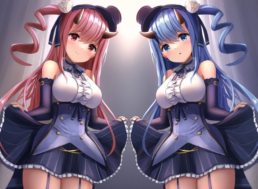 2girls ankle_ribbon azur_lane bare_shoulders blue_eyes blue_hair breasts center_frills closed_mouth clothes_lift detached_sleeves flower frills hair_flower hair_ornament hairband hat horns ikazuchi_(azur_lane) ikazuchi_(sakura_tea)_(azur_lane) inazuma_(azur_lane) inazuma_(vanilla_pudding)_(azur_lane) leg_ribbon long_hair long_sleeves looking_at_viewer looking_down manda_(manda9n) mini_hat mini_top_hat multiple_girls official_alternate_costume oni_horns open_mouth pink_hair purple_hairband ribbon rose skirt skirt_lift smile striped_clothes striped_skirt thighhighs top_hat vertical-striped_clothes vertical-striped_skirt very_long_hair white_flower white_rose