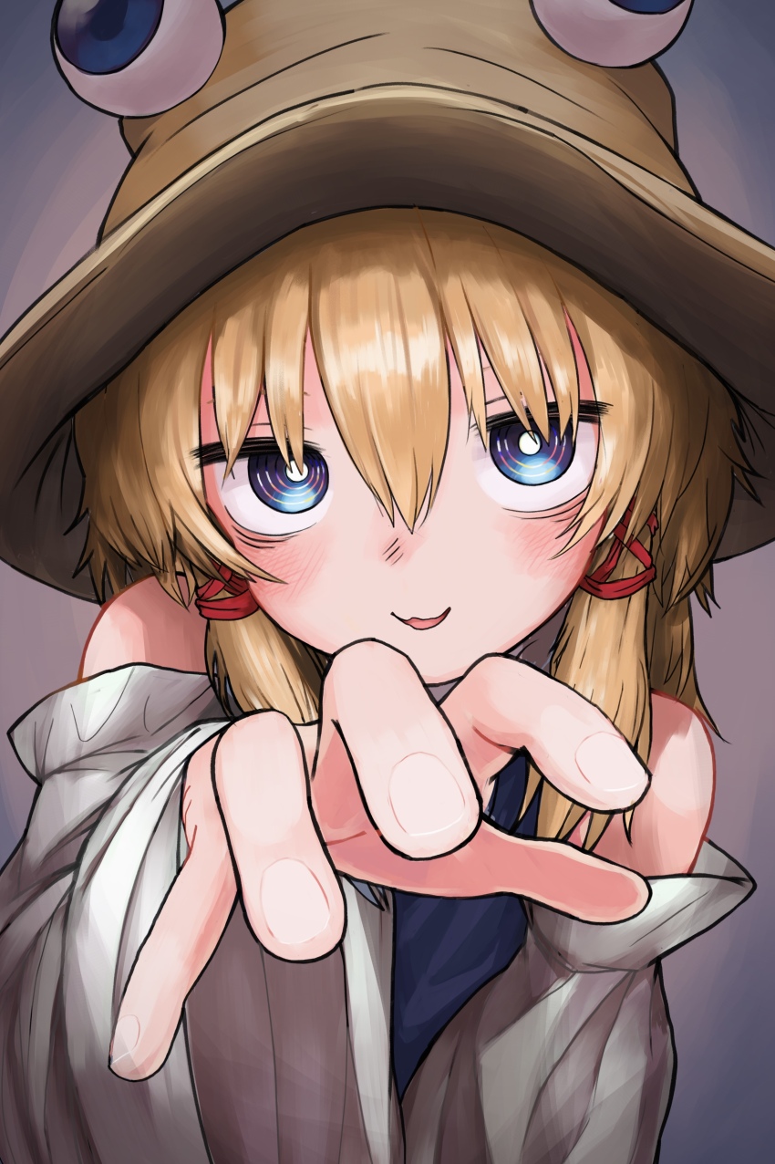 1girl absurdres bare_shoulders blonde_hair blue_eyes brown_hat detached_sleeves hair_between_eyes hair_ribbon hat highres long_hair moriya_suwako neritch open_mouth purple_vest reaching reaching_towards_viewer red_ribbon ribbon shirt smile solo touhou tress_ribbon upper_body vest white_shirt white_sleeves wide_sleeves