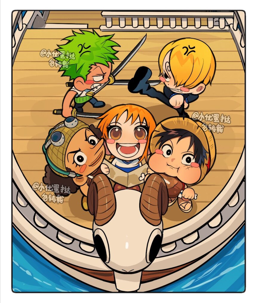 1girl 4boys anger_vein angry black_hair black_jacket black_pants blonde_hair blue_shorts blush blush_stickers boned_meat boots bracelet brown_boots brown_eyes brown_overalls chibi chibi_only closed_mouth eating facial_scar fighting food fur-trimmed_shorts fur_trim goggles goggles_on_headwear going_merry green_hair hashtag-only_commentary hat highres holding holding_food holding_map holding_sword holding_weapon jacket jewelry katana ki2ri5 long_nose looking_at_another looking_at_viewer looking_up map meat monkey_d._luffy multiple_boys nami_(one_piece) nami_(one_piece)_(east_blue) one_piece open_mouth orange_hair overalls pants pirate_ship red_shirt roronoa_zoro sandals sanji_(one_piece) sash scar scar_on_cheek scar_on_face shirt short_hair short_sleeves shorts smile standing straw_hat straw_hat_pirates sword usopp v v-neck water weapon white_shirt