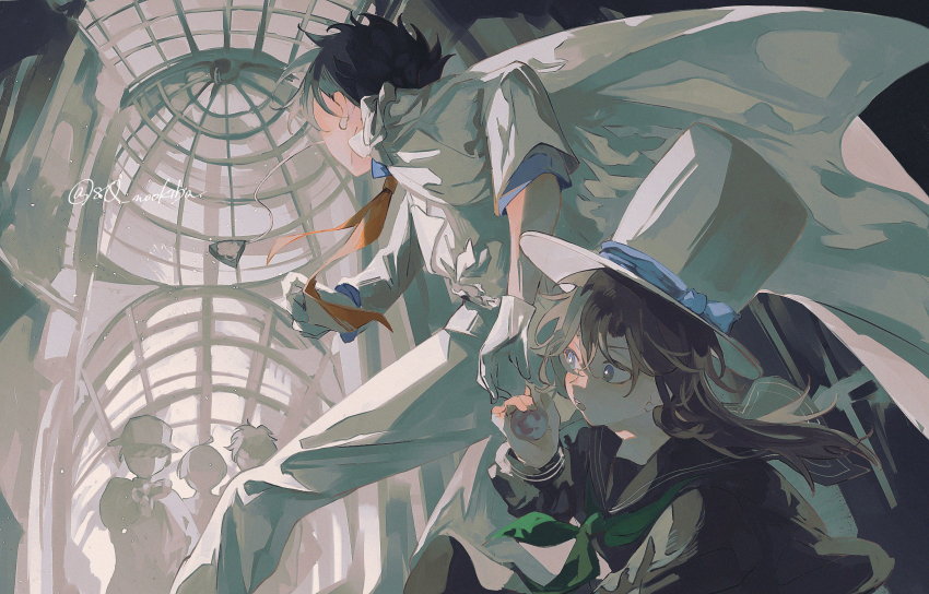 1boy 1girl 3others 8q_nookiba blue_eyes blue_shirt brown_hair cape commentary_request dated_commentary facing_away floating_cape floating_clothes floating_hair formal_clothes gem gloves hat highres holding holding_gem indoors jacket kaitou_kid kuroba_kaito long_hair magic_kaito monocle_chain multiple_others nakamori_aoko necktie open_mouth orange_necktie pants protecting school_uniform shirt short_hair silhouette suit top_hat twitter_username white_cape white_gloves white_hat white_jacket white_pants white_suit
