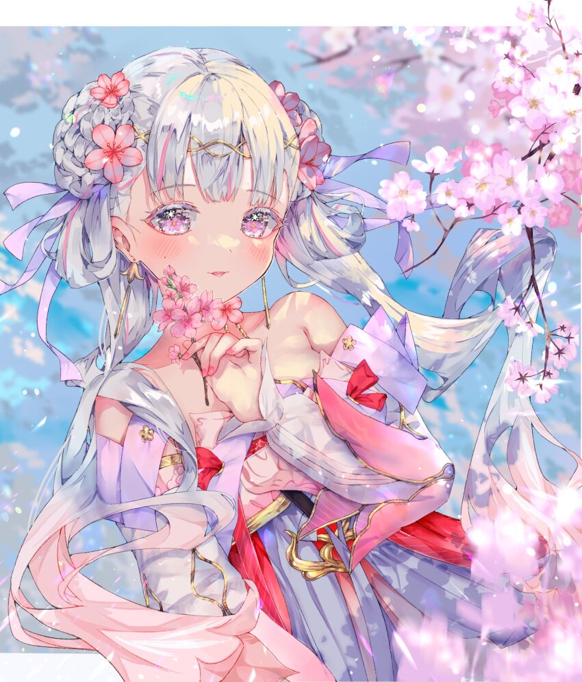 1girl bare_shoulders breasts cherry_blossoms commentary detached_sleeves dress earrings flower flower-shaped_pupils hair_flower hair_ornament hair_ribbon highres holding holding_flower isuzu_(an_icy_cat) jewelry jinhsi_(peach_blossom)_(wuthering_waves) jinhsi_(wuthering_waves) light_blush long_hair looking_at_viewer low_twintails medium_breasts nail_polish official_alternate_costume parted_lips pink_flower pink_nails pink_pupils purple_ribbon ribbon smile solo symbol-shaped_pupils twintails upper_body very_long_hair white_dress white_eyes white_hair white_sleeves wuthering_waves