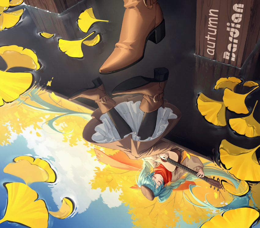 1girl ankle_boots aqua_hair autumn bass_guitar belt belt_boots belt_buckle beret black_hat black_pantyhose black_shirt blue_sky boots braided_twintails brown_belt brown_boots buckle chinese_commentary closed_eyes closed_mouth cloud coat commentary_request day dock english_text engrish_text full_body ginkgo_leaf gold_buckle grey_coat grey_skirt hat hatsune_miku high_heel_boots high_heels highres instrument leaf long_hair long_skirt long_sleeves maple_(maplehy) open_clothes open_coat outdoors pantyhose petticoat playing_guitar playing_instrument ranguage red_scarf reflection reflection_focus reflective_water ripples scarf shirt shoe_belt shoe_soles skirt sky smile solo swept_bangs tree very_long_hair vocaloid