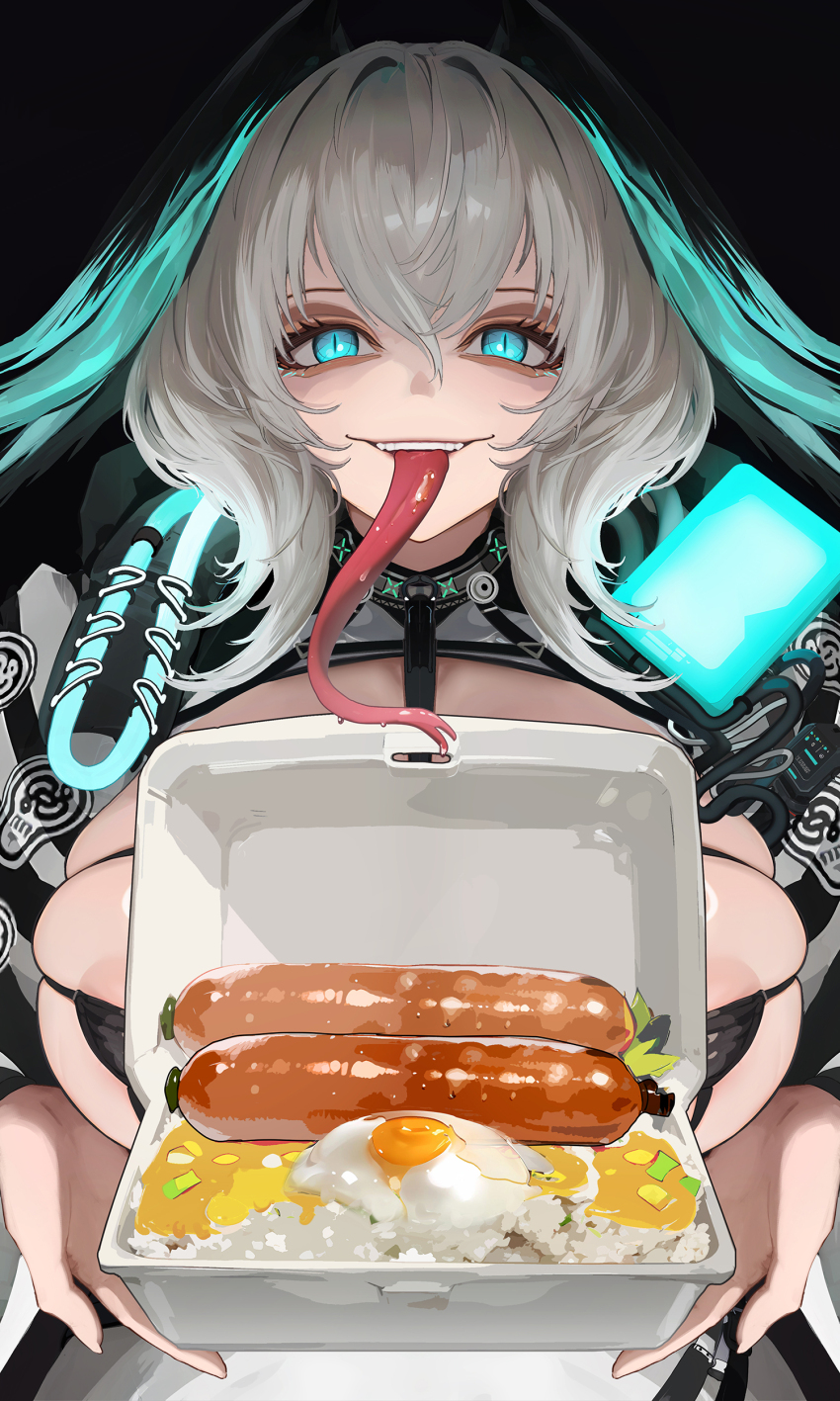1girl absurdres aqua_eyes aqua_wings areola_slip arknights bikini bikini_top_only black_bikini breasts commentary dark_background egg_(food) english_commentary food forked_tongue giving glowing glowing_eyes grey_hair hair_between_eyes head_wings highres ho&#039;olheyak_(arknights) holding holding_food incoming_food infection_monitor_(arknights) kinohara_kossuta large_breasts long_tongue looking_at_viewer micro_bikini rice saliva sausage short_hair sidelocks skindentation slit_pupils solo straight-on swimsuit teeth tongue upper_body upper_teeth_only very_long_tongue wings