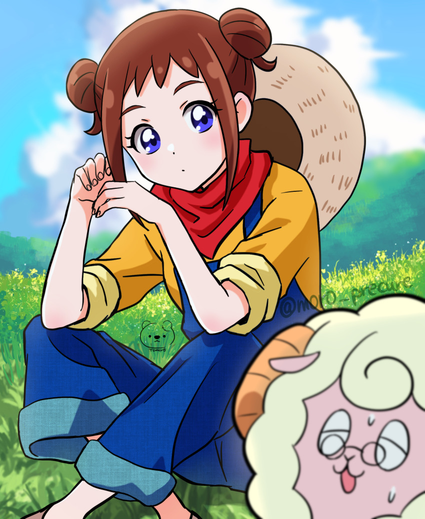 1boy 1girl artist_name blue_eyes blue_overalls blush brown_hair brown_hat closed_mouth cloud double_bun forest glasses hair_bun hat highres logo medium_hair mehmeh_(wonderful_precure!) moro_precure nature on_grass ookuma_(precure) orange_shirt overalls precure sheep_boy shirt sky sleeves_rolled_up straw_hat sweatdrop twitter_username wonderful_precure!