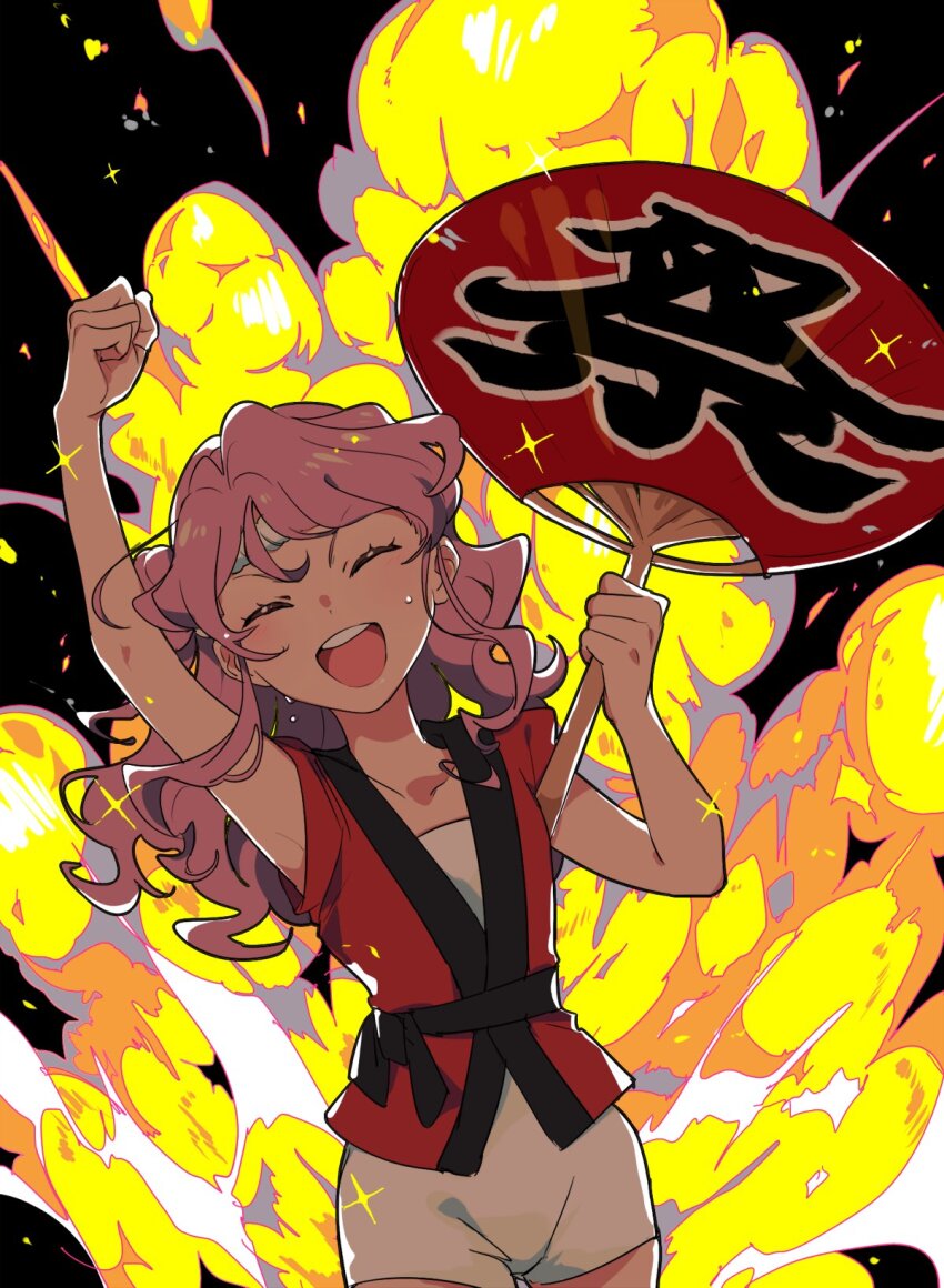 1girl :d aikatsu!_(series) aikatsu_friends! arm_up backlighting bad_id bad_twitter_id chono_maika closed_eyes cowboy_shot explosion hand_fan hand_up happi highres holding holding_fan jacket japanese_clothes long_hair open_mouth paper_fan pink_hair red_jacket shiontaso short_sleeves smile standing sweat uchiwa