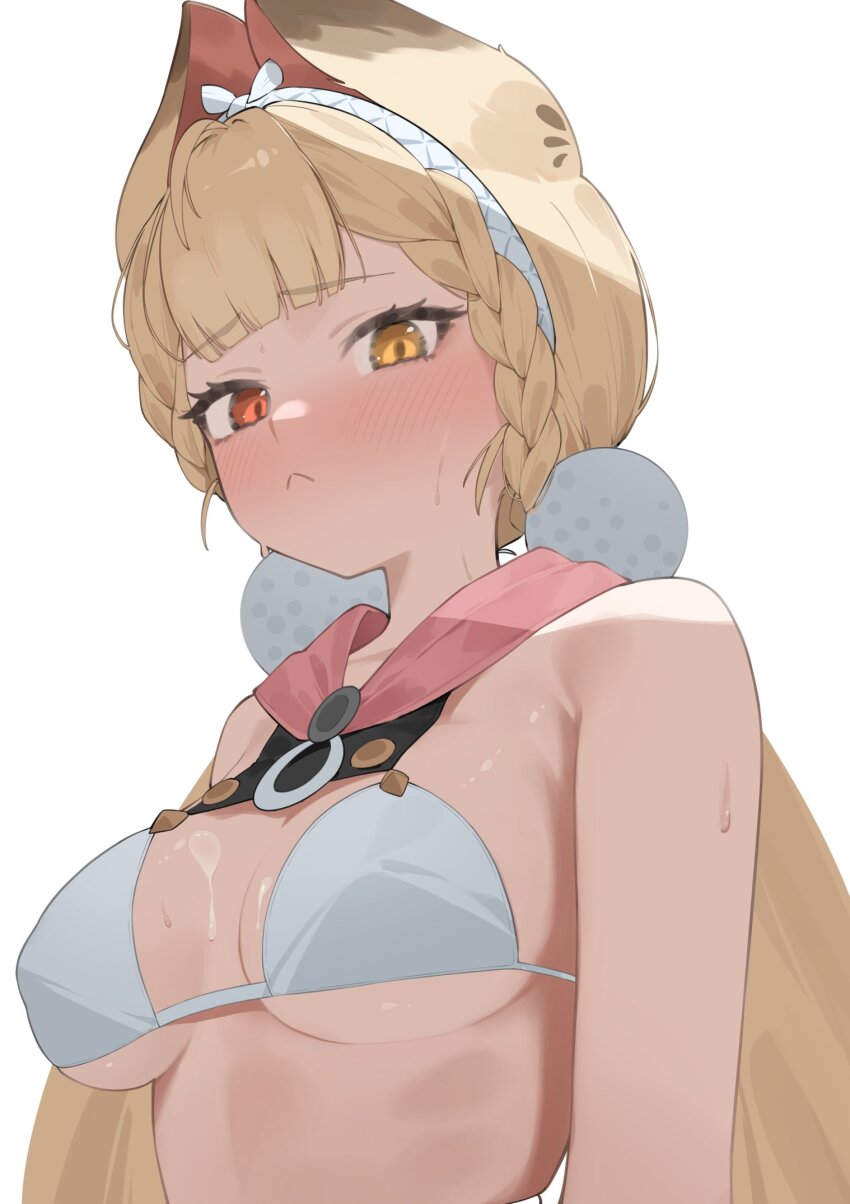 1girl :&lt; alice_thymefield alice_thymefield_(sea_of_thyme) bikini blonde_hair breasts commentary flasso hair_ornament heterochromia highres official_alternate_costume orange_eyes pom_pom_(clothes) pom_pom_hair_ornament simple_background solo sphere_hair_ornament sweat swimsuit symbol-only_commentary upper_body white_background white_bikini zenless_zone_zero