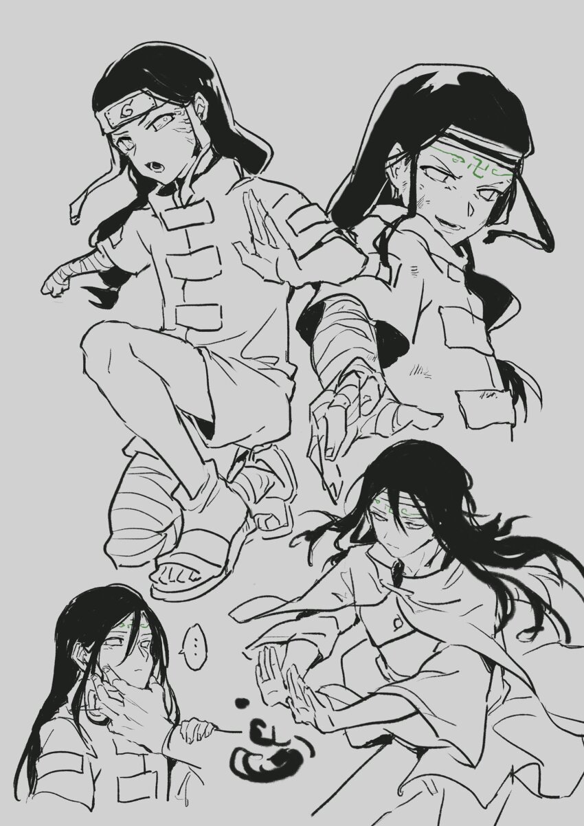 ... 1boy bandaged_arm bandages black_hair dirty dirty_face facial_mark forehead_mark full_body furrowed_brow grey_background greyscale hand_on_another&#039;s_chin headband highres holding_another&#039;s_wrist hyuuga_neji long_hair male_focus monochrome multiple_views naruto_(series) open_mouth parted_bangs sketch smile solo_focus spoken_ellipsis upper_body wide_sleeves xue_ezi