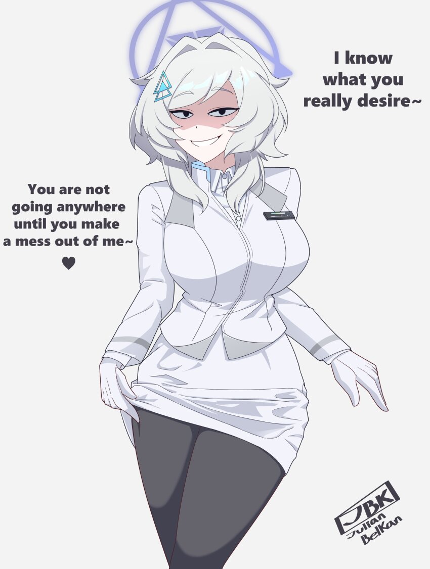 1girl absurdres artist_name blue_archive breasts english_text evil_grin evil_smile gloves grey_hair grin hair_intakes hair_ornament hairclip halo highres jacket julian_belkan long_hair long_sleeves mirai_(blue_archive) pantyhose partially_shaded_face shirt simple_background smile triangle_hair_ornament white_background white_gloves white_hair white_shirt