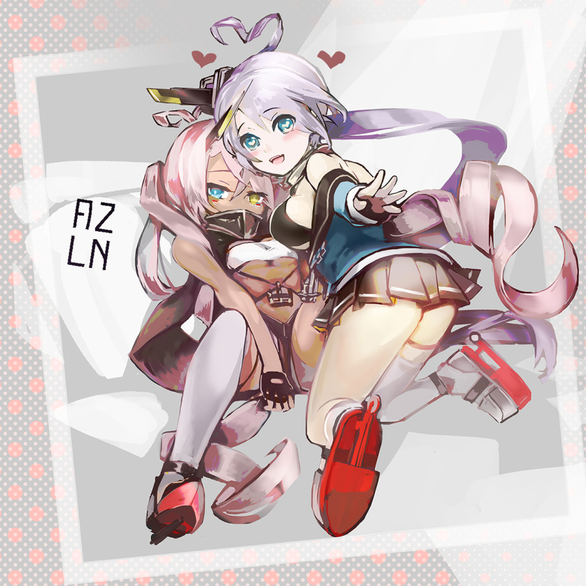 ahoge asymmetrical_legwear azur_lane bandeau bikini bikini_top_only black_bikini black_gloves black_sailor_collar black_skirt blue_eyes blue_shirt blush breasts cleavage comaza commentary_request covered_mouth dark-skinned_female dark_skin eyes_visible_through_hair facepaint fang fingerless_gloves full_body gloves grey_footwear hair_between_eyes heart heart-shaped_pupils heart_ahoge heterochromia highres horns indianapolis_(azur_lane) large_breasts long_hair looking_at_viewer mechanical_horns medium_breasts miniskirt off_shoulder open_mouth pink_hair pleated_skirt portland_(azur_lane) purple_hair red_footwear sailor_collar shirt shoes siblings side_ponytail sisters skin_fang skirt smile socks swimsuit symbol-shaped_pupils thighhighs turtleneck twintails underboob uneven_legwear very_long_hair white_bandeau white_socks white_thighhighs yellow_eyes