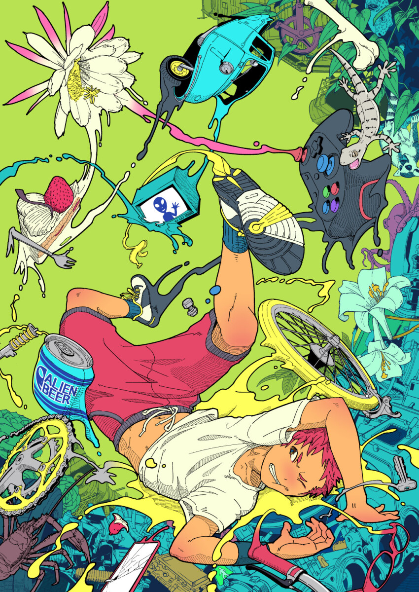 1boy animal arms_up blue_socks cake cake_slice can car clenched_teeth commentary controller disintegration drink_can english_commentary falling flower food frown game_controller gecko green_background highres legs_up machinery male_focus midriff_peek motor_vehicle original paint_splatter plant red_hair red_shorts shirt shoes short_hair shorts socks solo tan teeth television unused_tire white_shirt zngo