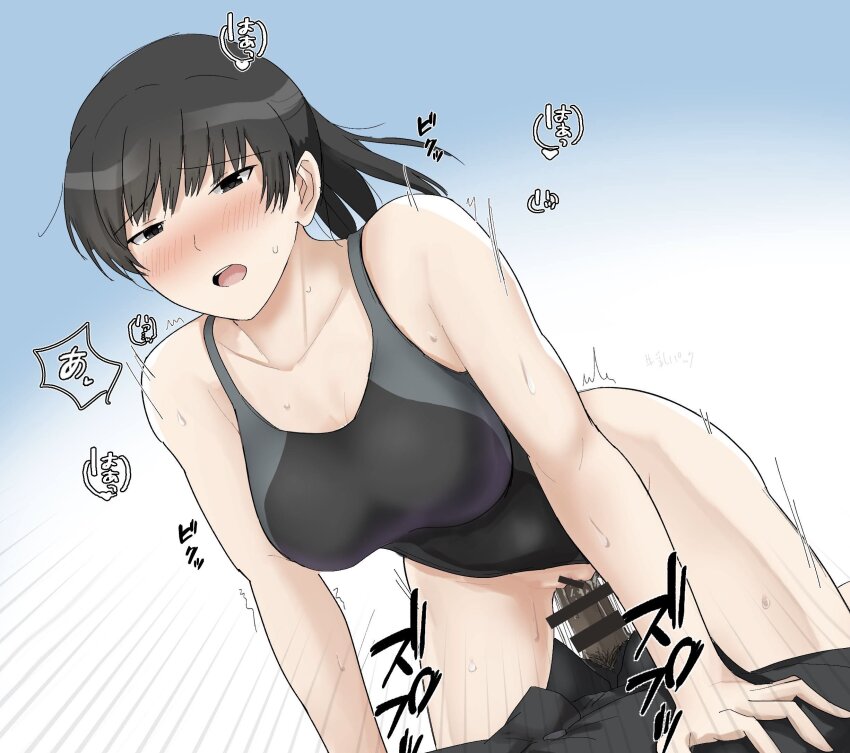1boy 1girl all_fours amagami bar_censor bare_arms black_eyes black_hair black_one-piece_swimsuit blush breasts censored collarbone commentary_request competition_swimsuit girl_on_top grey_one-piece_swimsuit gyuunyuu_pack_(tanaka) hetero highres large_breasts motion_lines one-piece_swimsuit open_mouth penis sex short_hair solo_focus speed_lines sweat swimsuit tsukahara_hibiki two-tone_one-piece_swimsuit vaginal