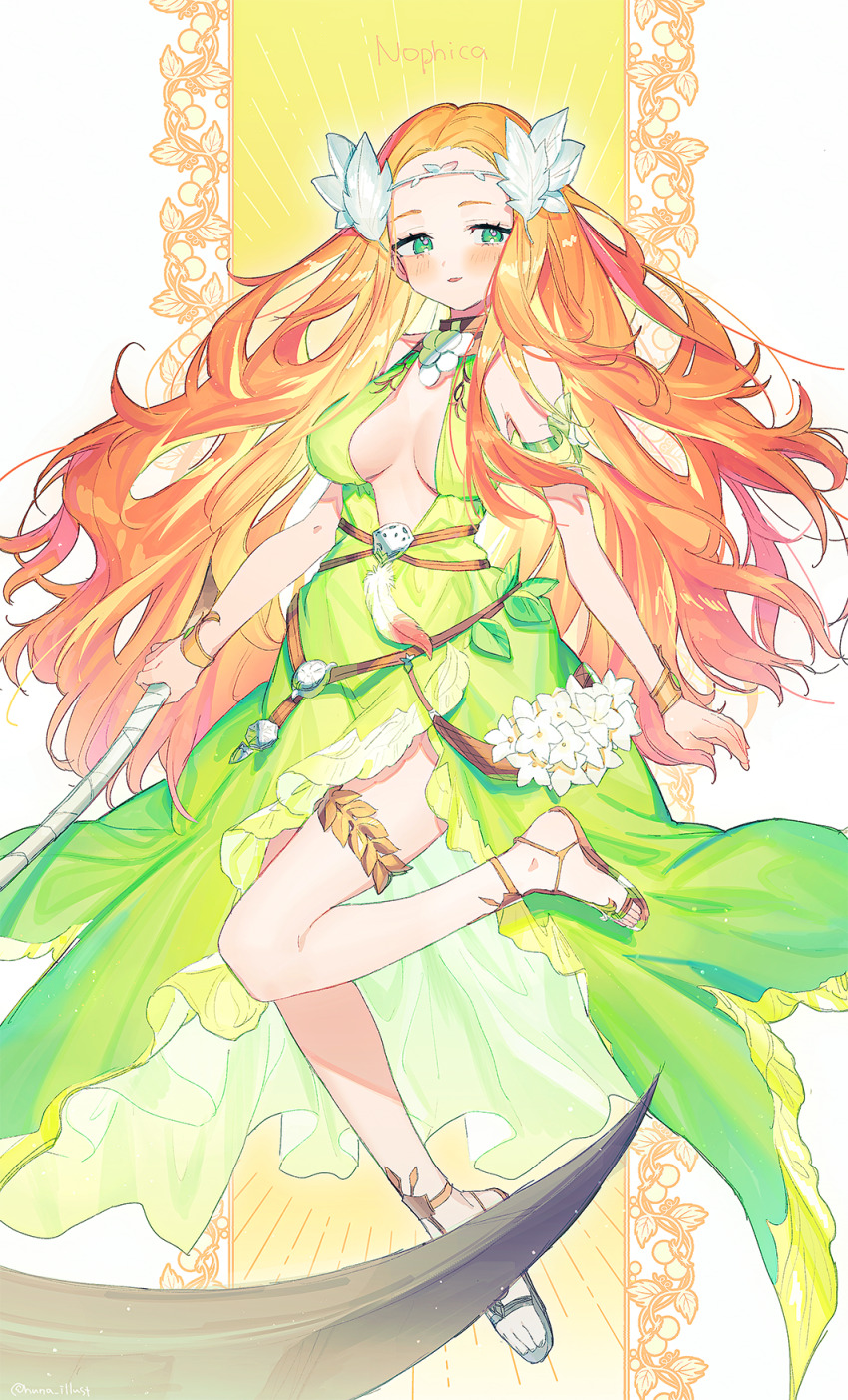1girl artist_name bare_shoulders blush breasts brown_sandals circlet dress final_fantasy final_fantasy_xiv full_body funa_(sakana) green_dress green_eyes hair_ornament halter_dress halterneck highres holding holding_scythe holding_weapon jewelry large_breasts laurels leaf_hair_ornament leg_up long_hair necklace nophica open_mouth orange_hair sandals scythe sleeveless sleeveless_dress solo thigh_strap very_long_hair wavy_hair weapon