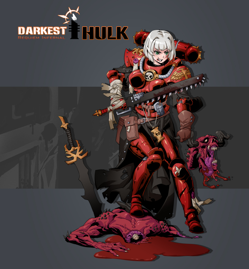 1girl adepta_sororitas ammunition_pouch bob_cut chainsword chaos_(warhammer) darkest_dungeon decapitation demon foot_on_back gloves green_eyes highres pouch purity_seal rmulderz scar scar_on_face sharp_teeth skull solo teeth warhammer_40k white_hair