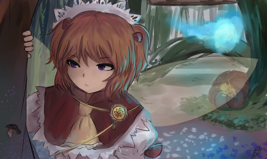 1girl ascot capelet facing_away fairy_wings female_focus forest hair_bobbles hair_ornament headdress high_collar hitodama khylimei mushroom nature purple_eyes red_hair sketch smirk solo sunny_milk touhou twintails wings