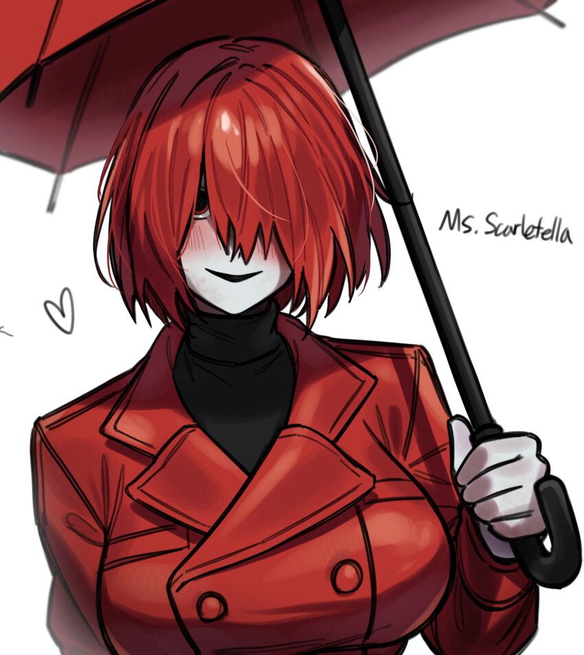 1girl absurdres blush breasts coat commentary_request genderswap genderswap_(mtf) hair_over_one_eye highres holding holding_umbrella homicipher korean_commentary large_breasts looking_at_viewer mr._scarletella myam_(123ab456c) red_coat red_eyes red_hair red_umbrella short_hair simple_background solo turtleneck umbrella upper_body white_background